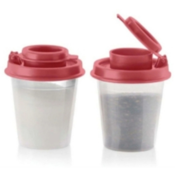 Tupperware Mini 2 oz. Midgets Salt & Pepper Shaker Travel Set Rose, Peach, Black - Picture 10 of 16